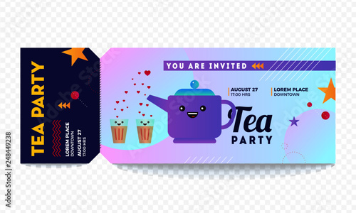 Tea/Chai Party Template. Vector illustration of tea pot and tea glasses. Tea Party Vector Tickets Template. You are Invited Ticket for entrance to the event.