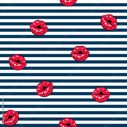 Seamless texture. Women's lips on a striped blue and white background. Vector illustration 