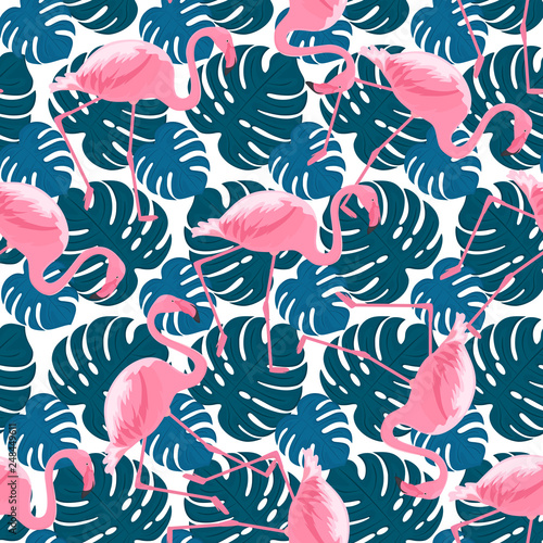 Trendy seamless pattern with tropical pink flamingos and monstera leaves. Exotic jungle background.