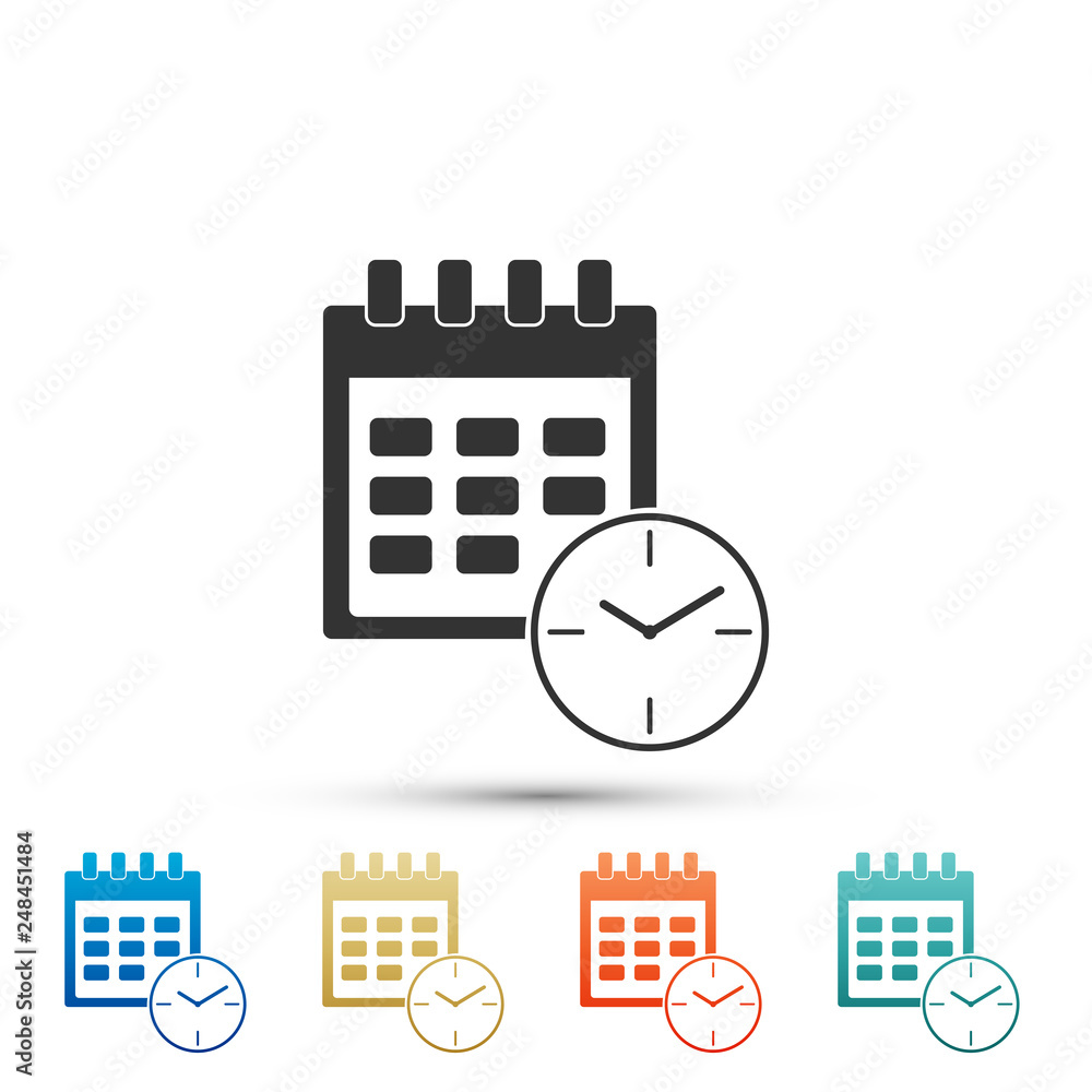 Calendar and clock icon isolated on white background. Schedule, appointment, organizer, timesheet, time management, important date. Date and time sign. Set elements in color icons. Vector Illustration Calendar and clock icon isolated on white background. Schedule, appointment, organizer, timesheet, time management, important date. Date and time sign. Set elements in color icons. Vector Illustration