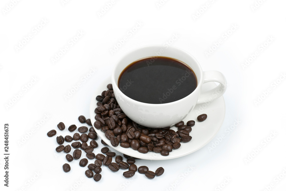 cup of coffee with beans on white background cup of coffee with beans on white background