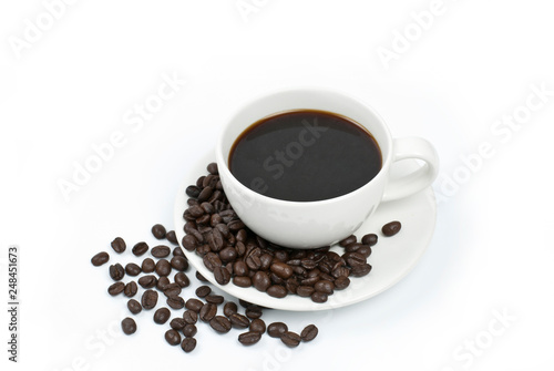 cup of coffee with beans on white background