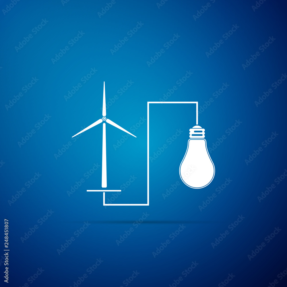 Wind mill turbine generating power energy and glowing light bulb icon isolated on blue background. Alternative natural renewable energy production using wind mills. Flat design. Vector Illustration Wind mill turbine generating power energy and glowing light bulb icon isolated on blue background. Alternative natural renewable energy production using wind mills. Flat design. Vector Illustration