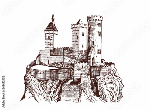 Graphical vintage Castle of Foix   ,France,medieval sketch of castle
