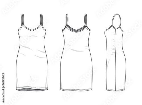 Blank clothing templates of women strapless dress in front, side, back views. Vector illustration isolated on white background. Technical fashion drawing set.