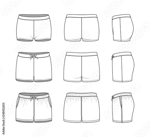 Blank clothing templates of women short set in front, side, back views. Vector illustration isolated on white background. Technical fashion drawing set.