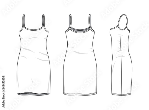Blank clothing templates of women strapless slim dress in front, side, back views. Vector illustration isolated on white background. Technical fashion drawing set.