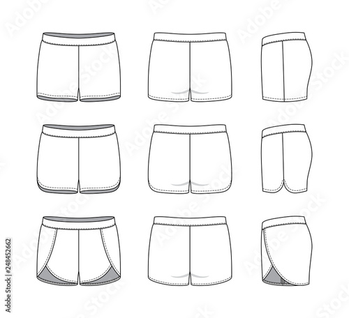 Blank clothing templates of women short set in front, side, back views. Vector illustration isolated on white background. Technical fashion drawing set.