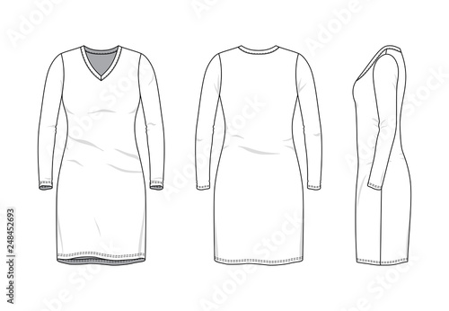 Blank clothing templates of women long sleeve v-neck dress in front, side, back views. Vector illustration isolated on white background. Technical fashion drawing set.