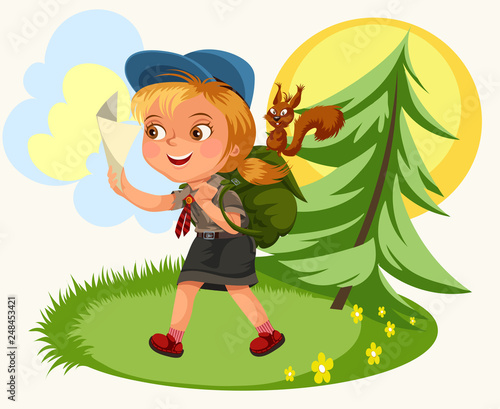 Cartoon kids following the compass in forest