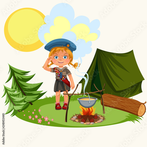 Beautiful girl saluting standing on green meadow