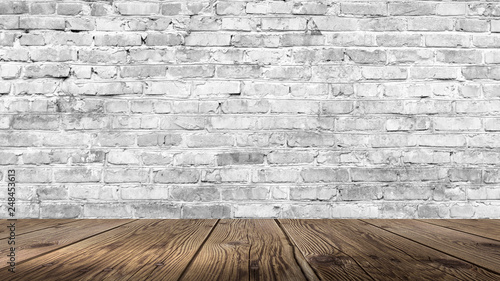 Background of empty white brick old wall, wooden floor