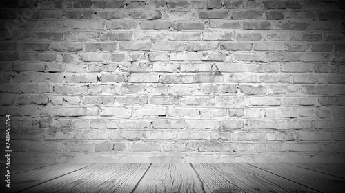 Background of empty white brick old wall, wooden floor