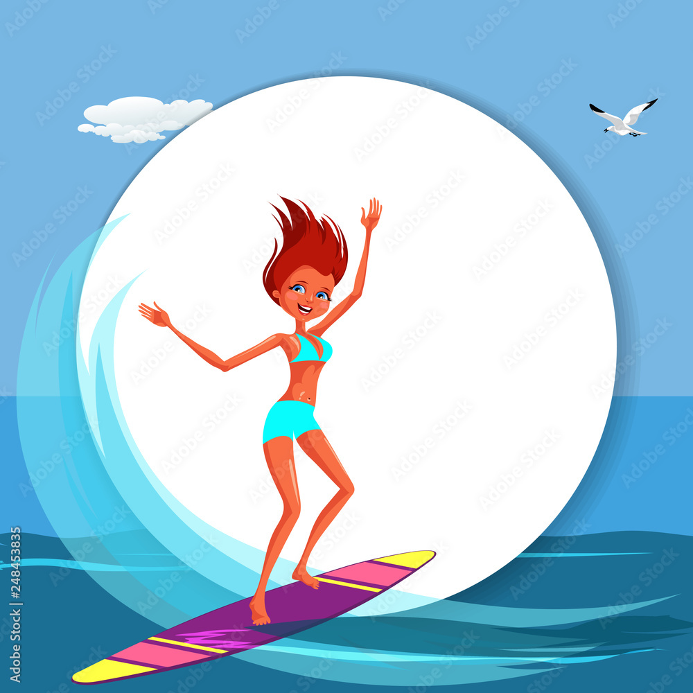 Cartoon cheerful young woman in swimsuit riding on surf board