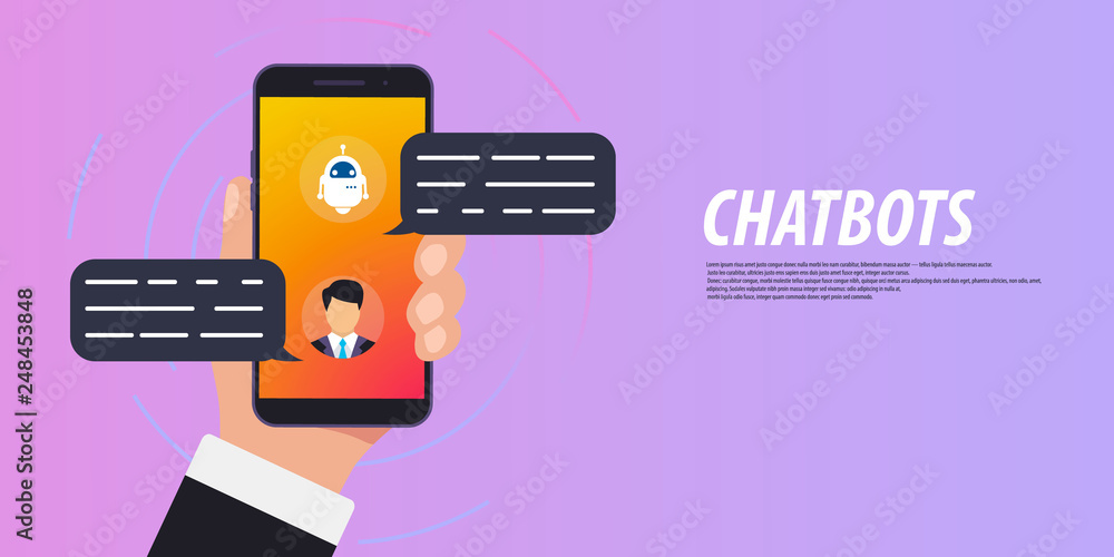 Chatbot concept. Man chatting with chat bot on smartphone. Online consultation. Clean Mobile UI Design Concept. Sms Messenger. Male hand holding phone. Mobile connection, communication concept Chatbot concept. Man chatting with chat bot on smartphone. Online consultation. Clean Mobile UI Design Concept. Sms Messenger. Male hand holding phone. Mobile connection, communication concept