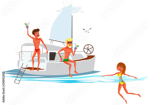 Cartoon people swimming and resting on luxury yacht