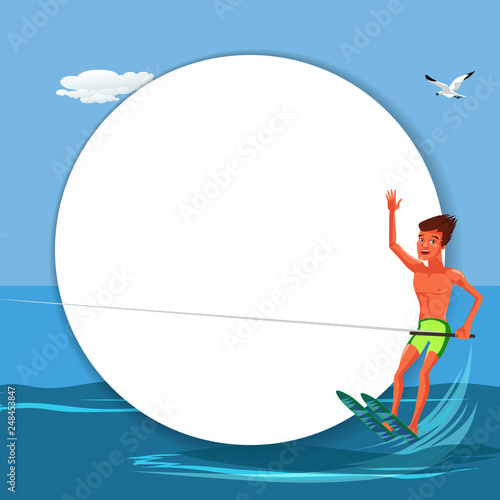 Brunette tanned man waterskiing in beautiful ocean