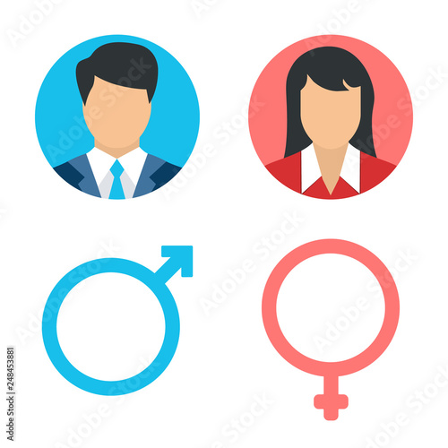 Vector male and female icon set. User avatar. Man and lady toilet sign. Sex symbol. Gender icon. Boy and girl pictogram.