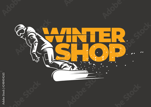 Winter shop emblem for an active winter sport. Snowboarder slides down the slope.