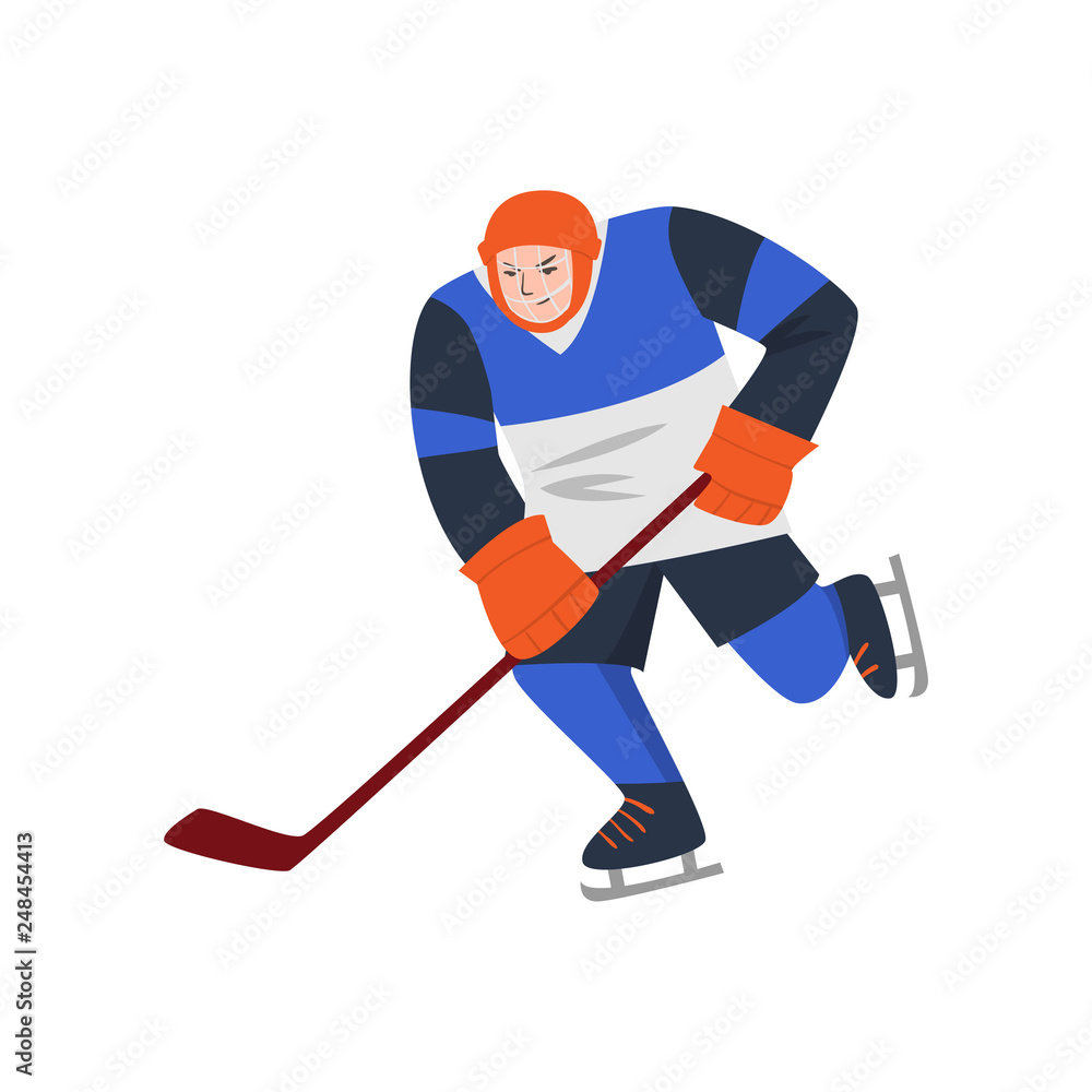 Obraz premium Heavyset hockey player in a blue uniform and a protective mask with a stick in motion
