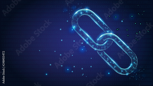 Abstract Chain links low poly consisting of points, lines, and shapes on dark blue background. Vector wireframe concept.