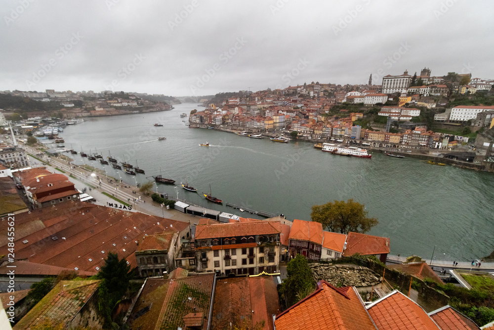 View of the city from Incredible  Ponte da Arrábida bridge in Porto, Portugal