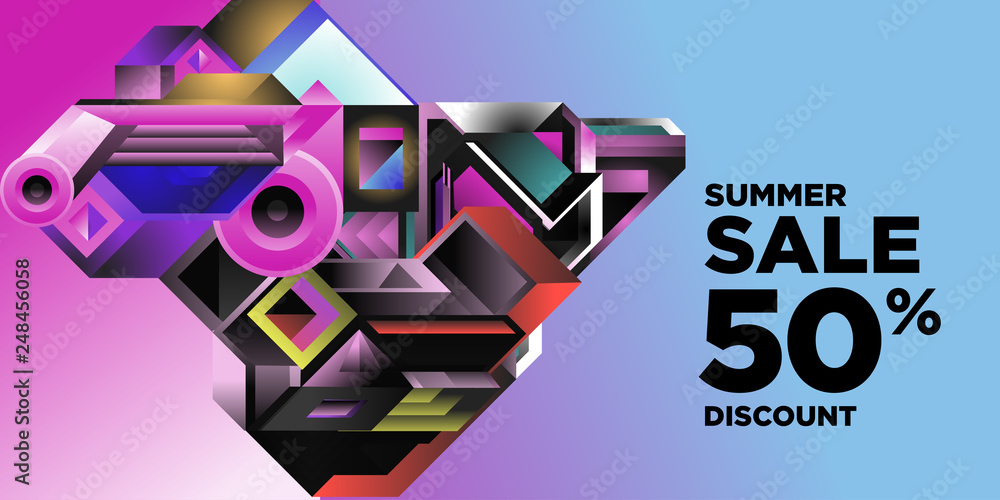 Summer Sale 50% Discount Banner with Colorful Abstract Geometric Background Pattern Summer Sale 50% Discount Banner with Colorful Abstract Geometric Background Pattern