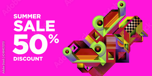 Summer Sale 50  Discount Banner with Colorful Abstract Geometric Background Pattern