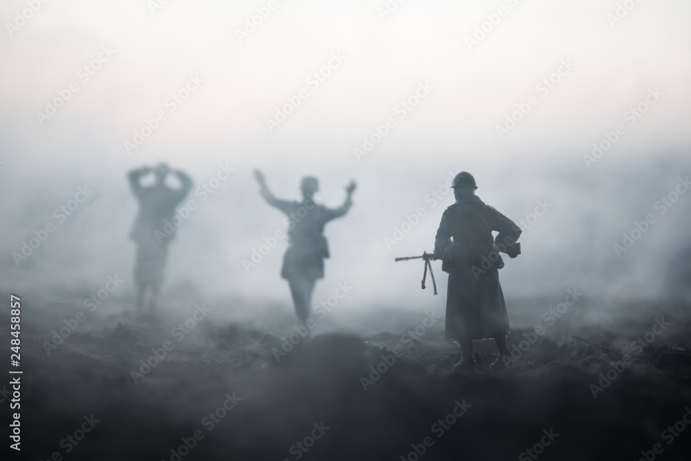War Concept. Military silhouettes fighting scene on war fog sky background, World War Soldiers Silhouettes Below Cloudy Skyline At night. Attack scene. Armored vehicles. Tanks battle. Decoration - obrazy, fototapety, plakaty 
