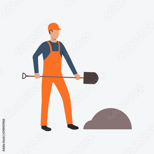 Digging worker in orange uniform flat icon