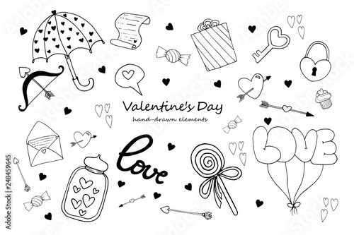 Monochrome and cute vector set for Valentine's Day. A lot of cartoon elements for valentine day designs: letter, candy, present box, hearts, lollipop and others.