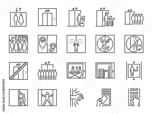 Lift line icon set. Included icons as elevator, goods elevator, goods lift, passenger, freight and more. photo
