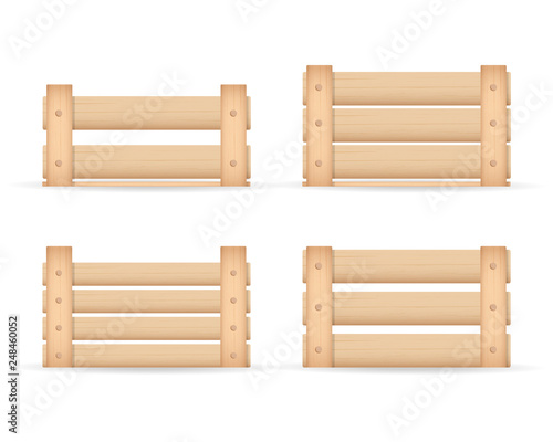 Realistic wooden box for vegetables keeping and fruits. Isolated on white background. Box for storage and transportation of food. Vector illustration.