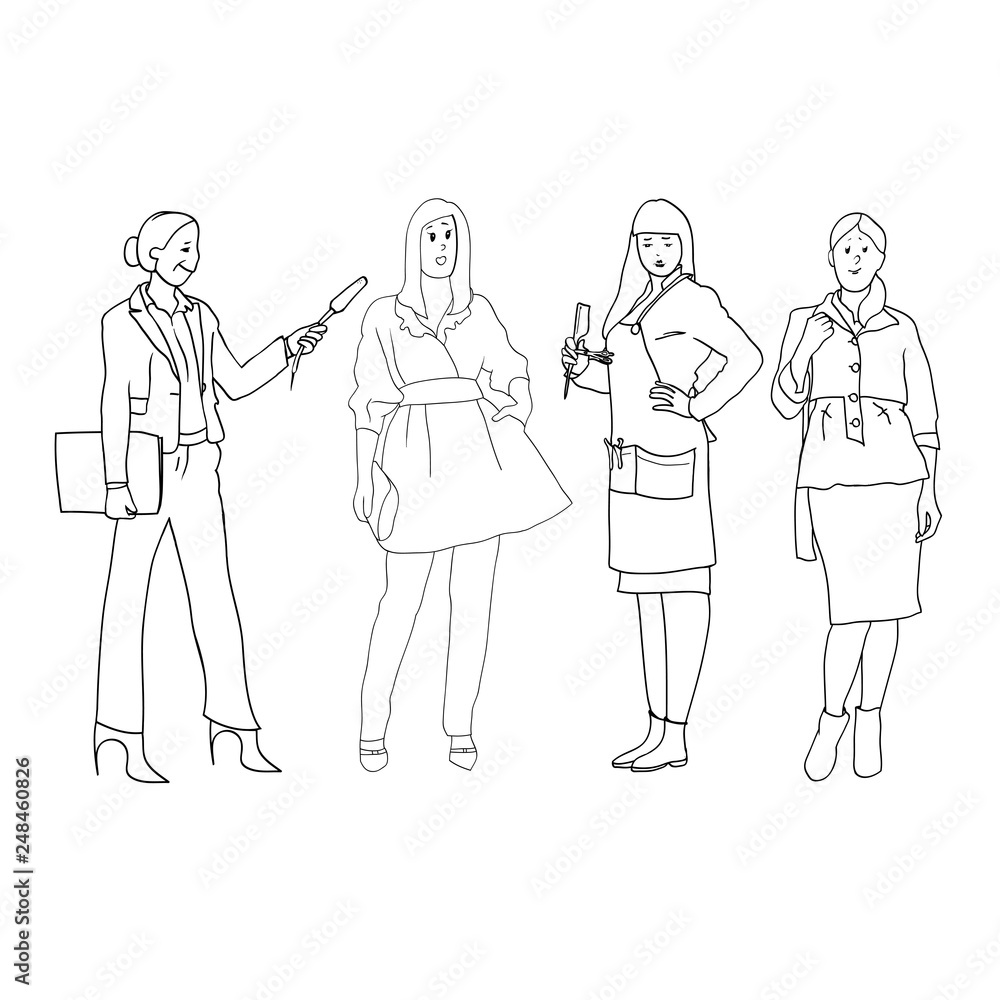 Set of black and white line drawings in the vector, female figures, women's profession Set of black and white line drawings in the vector, female figures, women's profession
