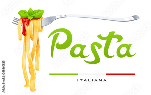 Pasta at fork with basil and sauce. Concept design for traditional italian food.