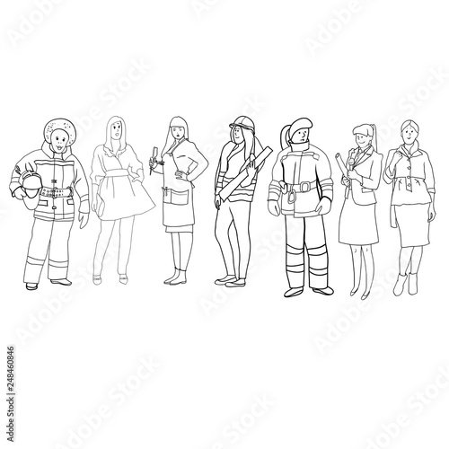 Set of black and white line drawings in the vector, female figures, women's profession