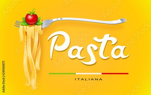 Pasta at fork with basil and tomato. Concept design for traditional italian food.