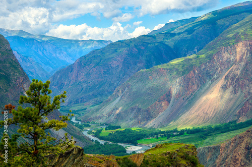 A picturesque view from the pass Kara-Turek to the Chulyshman River flowing into the Teletskoye Lake.