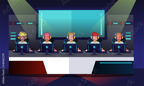 E sport tournament, team playing game. Game arena background. Vector illustration.
