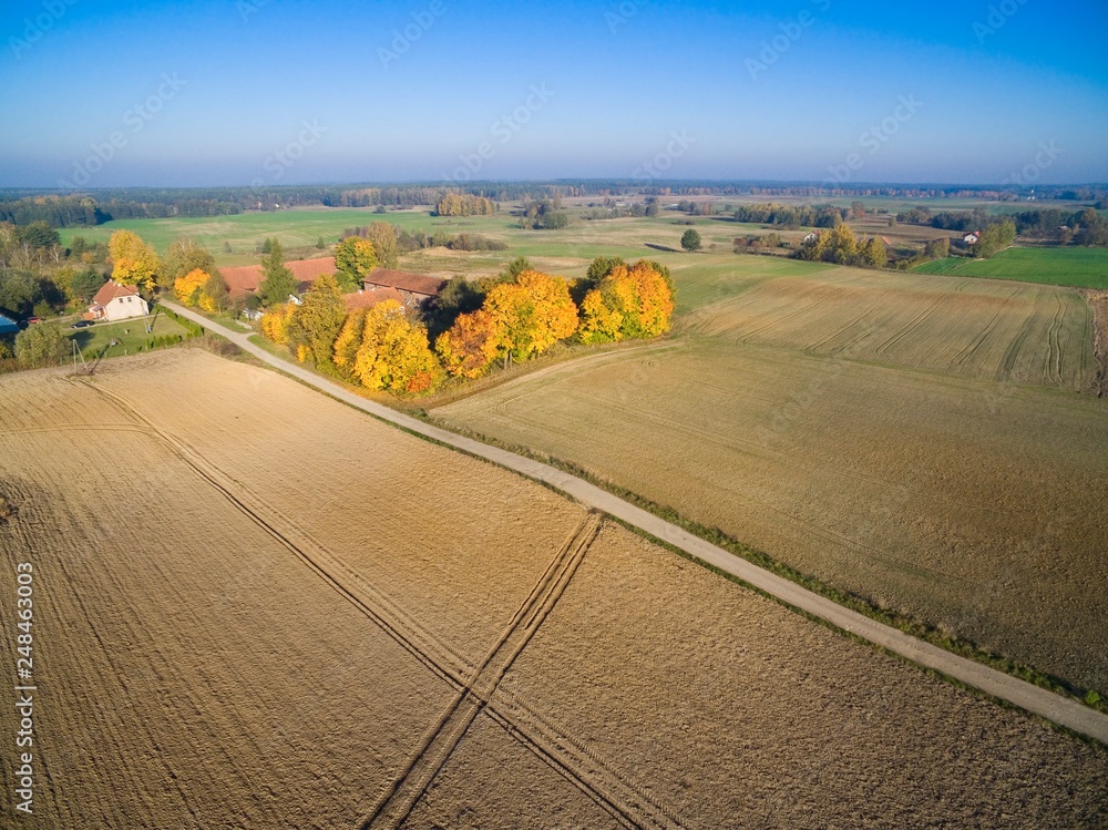 Aerial view of countryscape during autumn season, Mazury, Poland