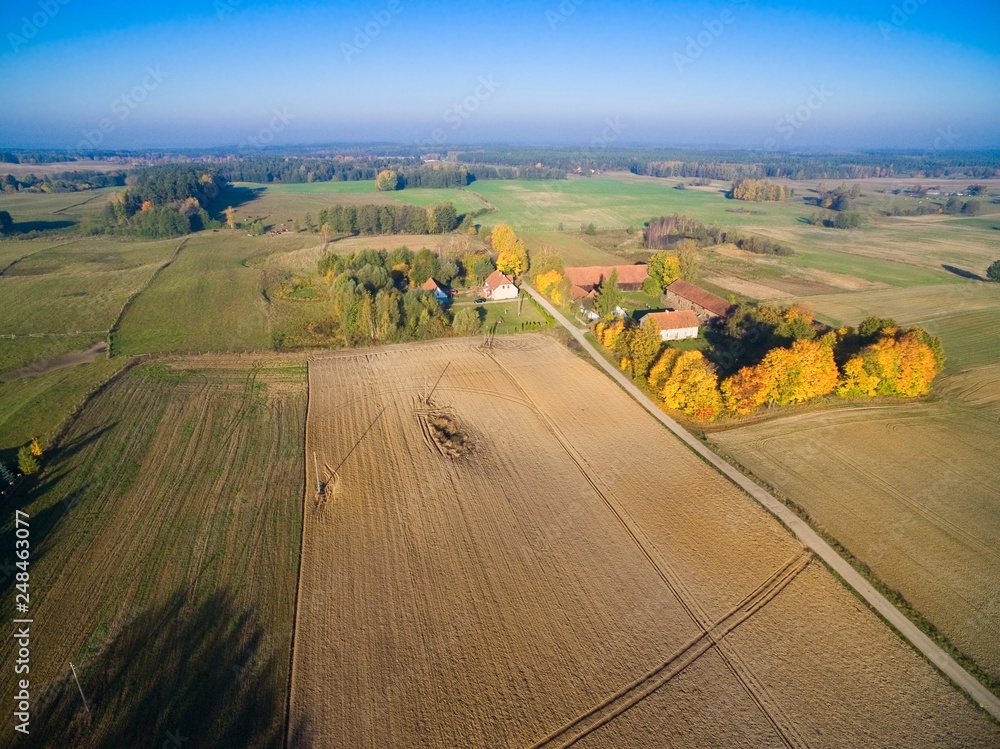 Aerial view of countryscape during autumn season, Mazury, Poland