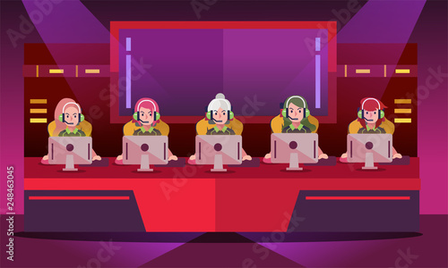 E sport girl tournament, team of professional gamer playing computer  game competitive on a cyber game. Vector illustration.