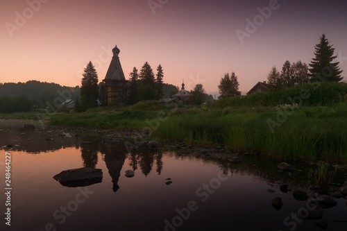 Old wooden church at sunset. Karelia  Russian North  Russia.