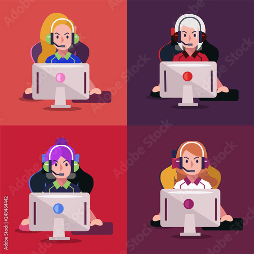Set of professional girl gamer playing video game on computer. E sport player. Vector illustration.