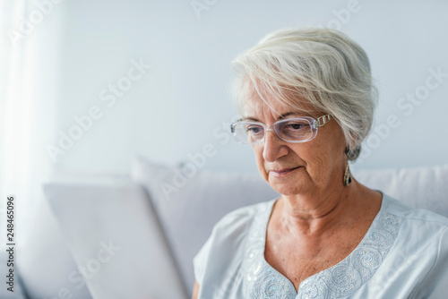 Porrtait of senior woman using electronic tablet at home