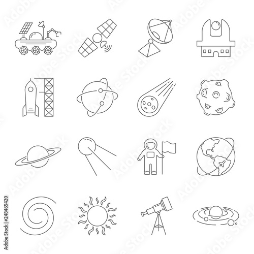 Simple Set of Space Related Vector Line Icons. Contains such Icons as Observatory, Planet Earth, Asteroid, Astronaft, Saturn, Moon, Moon Rover, Solar system and more. Editable Stroke. EPS 10