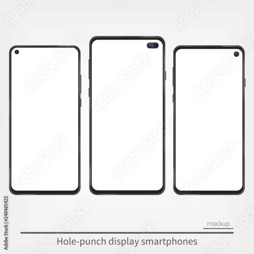 Smartphones mockup with hole-punch screen. Bezel-less smartphone design with different selfie cameras