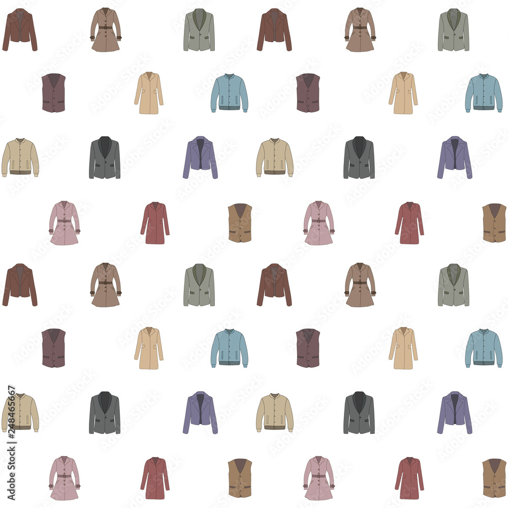 Seamless background with outerwear in cartoon style. Spring and autumn collection of fashion man and women clothing. Color vector pattern Seamless background with outerwear in cartoon style. Spring and autumn collection of fashion man and women clothing. Color vector pattern