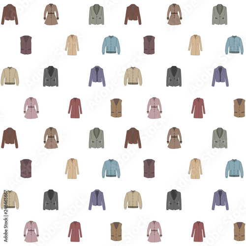 Seamless background with outerwear in cartoon style. Spring and autumn collection of fashion man and women clothing. Color vector pattern