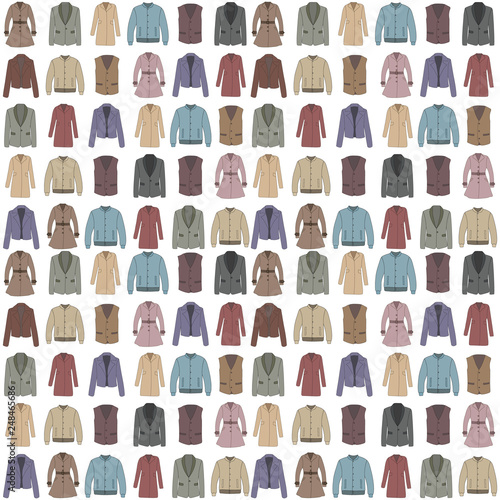 Seamless background with outerwear in cartoon style. Spring and autumn collection of fashion man and women clothing. Color vector pattern